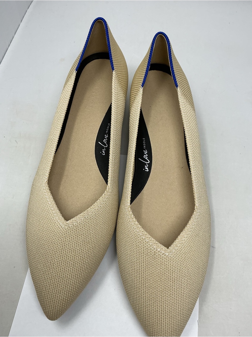Rothy's Beige Pointed Knit Flats with Blue Trim